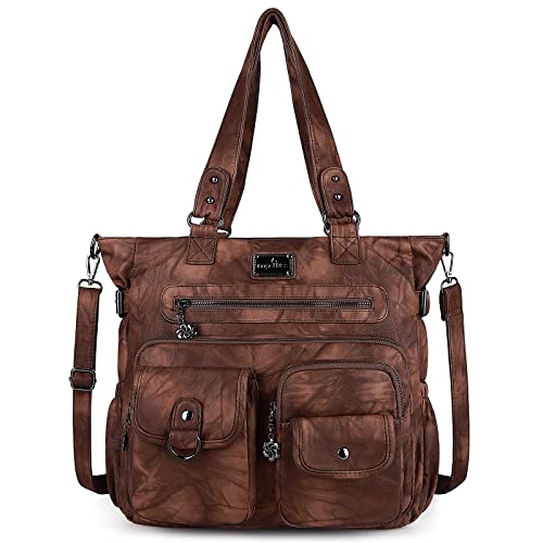 Angel Kiss Handtasche Damen Schultertasche Multifunktionale Umhängetaschen Gewaschenes Veganes Leder Wasserdicht mit Reißver Schlusstaschen (Braun) von Angel Kiss