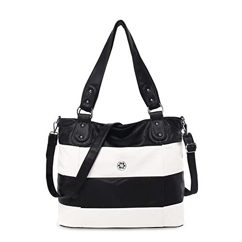 Angel Kiss Hobo Schultertaschen für Damen, groß, weich gewaschenes PU-Leder, gestreift, Crossbody Handtaschen, schwarz / weiß, Large von Angel Kiss