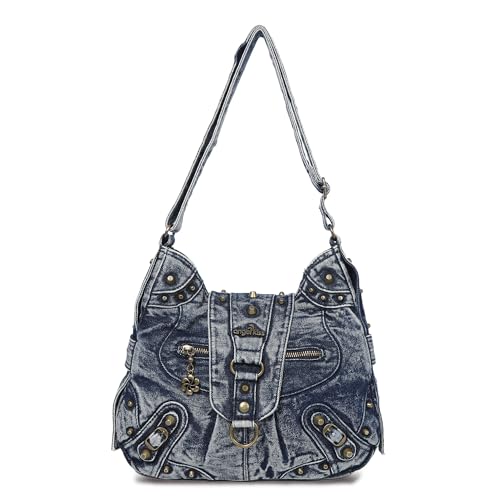 Angel Kiss Hobo-Tasche für Damen, mit Nieten, veganes Leder, Schultertaschen und Handtaschen, Retro, geräumig, für den Alltag, mittlere Größe, Denim Blau, Medium Angel Kiss Hobo-Tasche für Damen, mit Nieten, veganes Leder, Schultertaschen und Handtaschen, Retro, geräumig, für den Alltag, mittlere Größe, Denim Blau, Medium von Angel Kiss