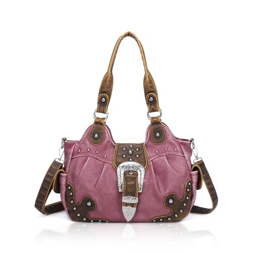 Angel Kiss Hobo-Taschen für Damen, veganes Leder, Geldbörsen und Handtaschen, schicke Umhängetaschen, Crossbody-Börsen mit Metallnieten, Pink / Braun von Angel Kiss