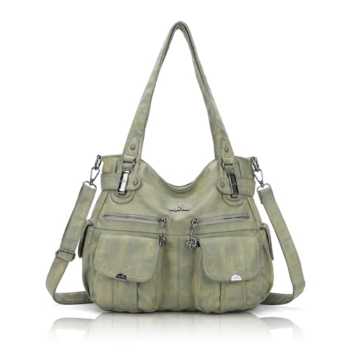 Angelkiss Designer-Handtasche für Damen, großer Doppelreißverschluss, mehrere Taschen, gewaschenes Leder, Steingelb von Angel Kiss