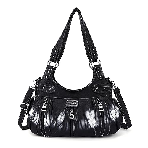 Angelkiss Große Geldbörsen und Handtaschen für Damen, gewaschenes Kunstleder, Crossbody, Hobo, Umhängetasche, Handtasche, Z-schwarz, Large von Angel Kiss