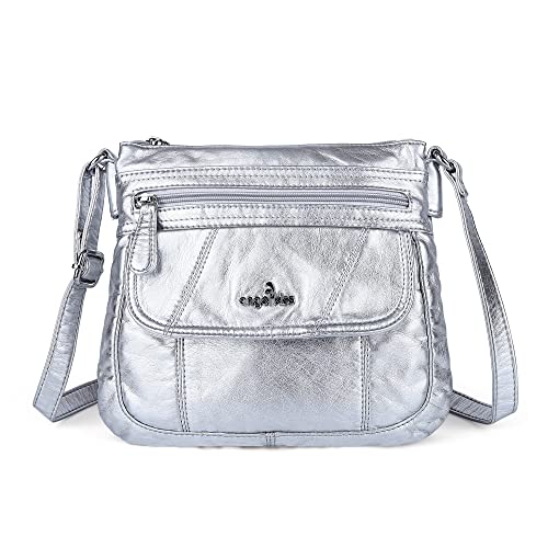 Angelkiss Kleine Damen-Umhängetasche, Leder, Schultertasche für Damen, Hobo-Tasche mit verstellbarem Schultergurt, silber von Angel Kiss