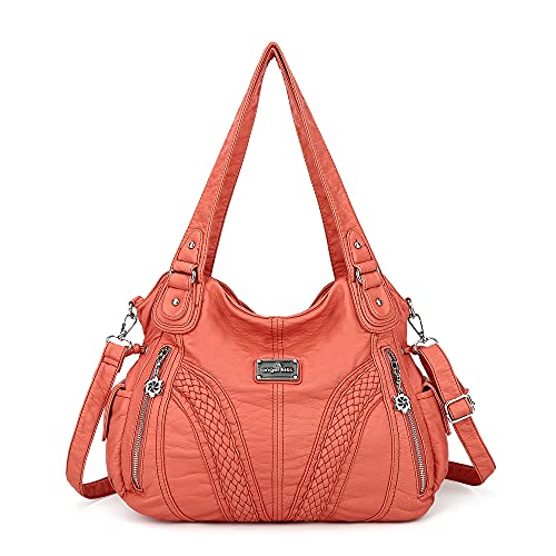 Geldbörsen und Handtaschen Frauen Mode Tote Bag Schultertaschen Top Griff Satchel Geldbörsen Washed Kunstleder Handtasche, 1-koralle, 13.8*4.7*11.8 inches von Angel Kiss