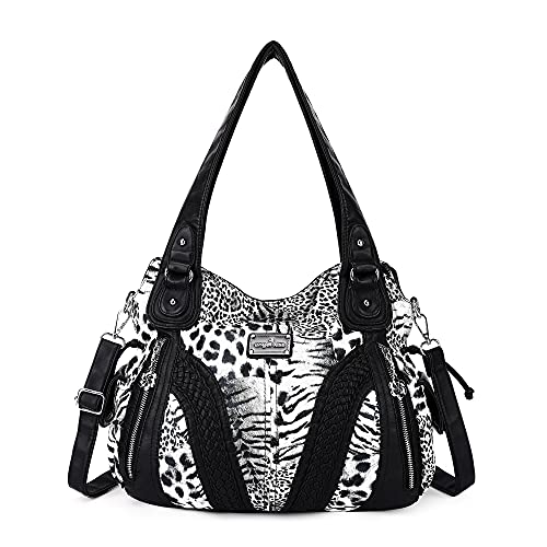 Geldbörsen und Handtaschen für Damen, modische Tragetasche, Schultertaschen, Tragegriff oben, gewaschenes Kunstleder, 3-schwarzer Leopard, 13.8*4.7*11.8 inches von Angel Kiss