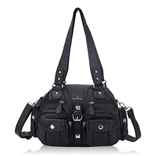 Angel Kiss Damen Handtasche tasche damen Schultertaschen Multifunktion Rucksack Weiches Leder mit Reißver Henkeltasche Elegante umhängetasche damen 2 hauptfächer für Büro Schule Einkauf Schwarz von Angel Kiss