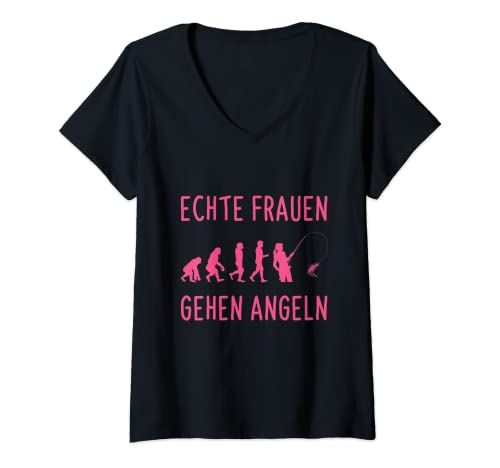 Damen Echte Frauen Gehen Angeln Anglerin Evolution T-Shirt mit V-Ausschnitt Damen Echte Frauen Gehen Angeln Anglerin Evolution T-Shirt mit V-Ausschnitt von Angel Spruch Kleidung Für Frauen