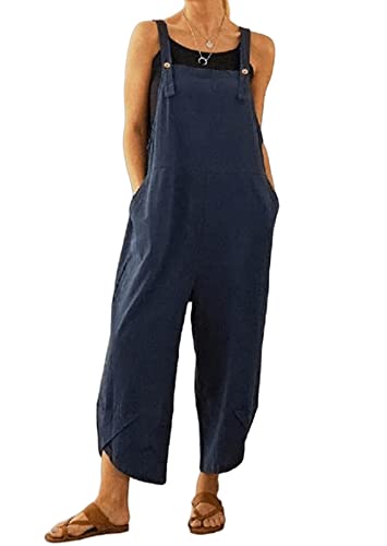 Angel ZYJ Damen Baggy Latzhose Ärmellos Elegant Retro Loose Breite Beine Jumpsuit Overall (as3, alpha, x_l, regular, regular, Dunkelblau) von Angel ZYJ