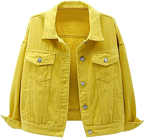 Damen Jeansjacke Übergangsjacke Kurz Jacke Denim, Damen Jeansjacke mit Klapptasche und Knöpfen (Gelb, XL) von Angel ZYJ