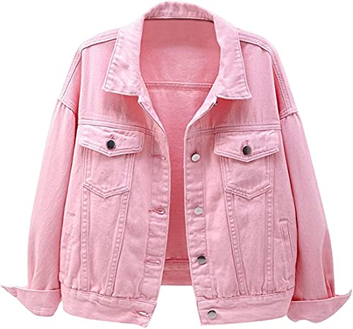 Angel ZYJ Damen Jeansjacke Übergangsjacke Kurz Jacke Denim, Damen Jeansjacke mit Klapptasche und Knöpfen (Rosa, XXL) von Angel ZYJ