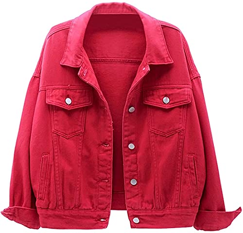 Angel ZYJ Damen Jeansjacke Übergangsjacke Kurz Jacke Denim, Damen Jeansjacke mit Klapptasche und Knöpfen (Rot, L) von Angel ZYJ