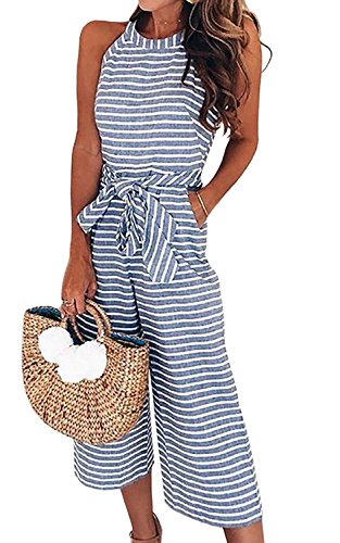 Angel ZYJ Damen Jumpsuit Sommer Overall Sexy Gestreiften Hosenanzug Ärmellos Playsuit Breites Bein Romper (C, M) von Angel ZYJ