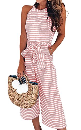 Angel ZYJ Damen Jumpsuit Sommer Overall Sexy Gestreiften Hosenanzug Ärmellos Playsuit Breites Bein Romper (D, L) von Angel ZYJ