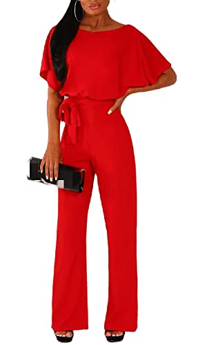 Angel ZYJ Damen Kurzarm Lang Jumpsuit Elegant Weite Bein Overall Jumpsuits Playsuit Romper mit Gürtel (L, Rot) von Angel ZYJ