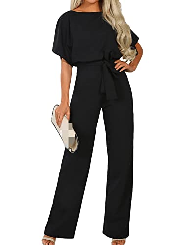 Angel ZYJ Damen Kurzarm Lang Jumpsuit Elegant Weite Bein Overall Jumpsuits Playsuit Romper mit Gürtel (M, Schwarz) von Angel ZYJ