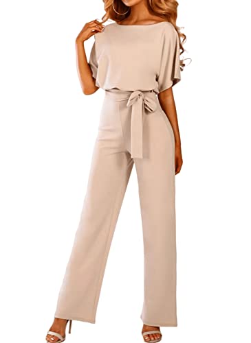 Angel ZYJ Damen Kurzarm Lang Jumpsuit Elegant Weite Bein Overall Jumpsuits Playsuit Romper mit Gürtel (S, Aprikose) von Angel ZYJ