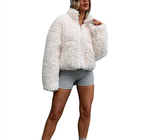 Damen Mantel Dünn Leicht Teddy Winterjacke Kunstfell Elegant Kurzmantel mit Reißverschluss Plüsch Jacke Outwear Coat (as3, alpha, s, regular, regular, Weiß, S) von Angel ZYJ