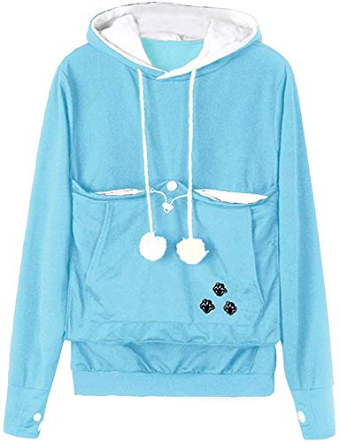 Angel ZYJ Damen Pullover Kapuzenpullover mit Katzen Hund Tasche Hundetasche Katze Sweatshirt Pulli Hoodie Kapuze Katzenpulli Beutel Langarm Herbst Winter große größen (Hellblau,4XL) von Angel ZYJ