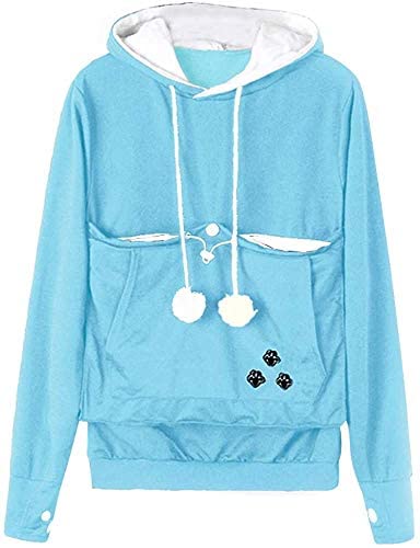 Angel ZYJ Damen Pullover Kapuzenpullover mit Katzen Hund Tasche Hundetasche Katze Sweatshirt Pulli Hoodie Kapuze Katzenpulli Beutel Langarm Herbst Winter große größen (Hellblau,M) von Angel ZYJ