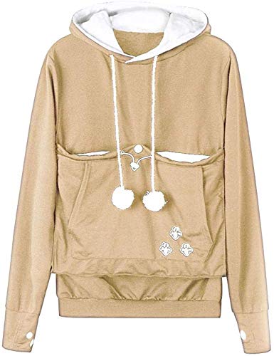Angel ZYJ Damen Pullover Kapuzenpullover mit Katzen Hund Tasche Hundetasche Katze Sweatshirt Pulli Hoodie Kapuze Katzenpulli Beutel Langarm Herbst Winter große größen (Khaki,XL) von Angel ZYJ