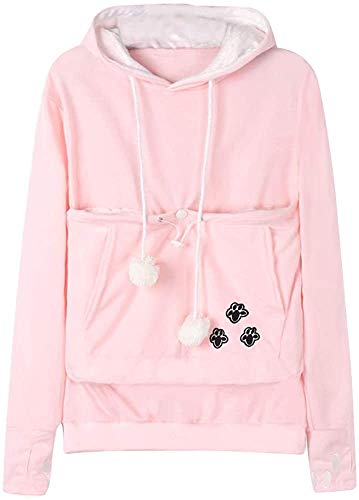 Angel ZYJ Damen Pullover Kapuzenpullover mit Katzen Hund Tasche Hundetasche Katze Sweatshirt Pulli Hoodie Kapuze Katzenpulli Beutel Langarm Herbst Winter große größen (Rosa,L) von Angel ZYJ