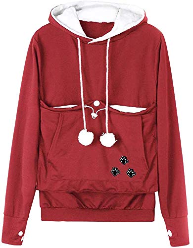 Angel ZYJ Damen Pullover Kapuzenpullover mit Katzen Hund Tasche Hundetasche Katze Sweatshirt Pulli Hoodie Kapuze Katzenpulli Beutel Langarm Herbst Winter große größen (Rotwein,4XL) von Angel ZYJ