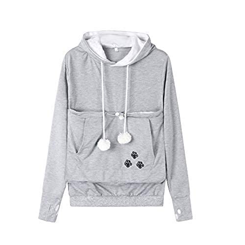 Angel ZYJ Damen Pullover Kapuzenpullover mit Katzen Hund Tasche Hundetasche Katze Sweatshirt Pulli Hoodie Kapuze Katzenpulli Beutel Langarm Herbst Winter große größen (grau,L) von Angel ZYJ