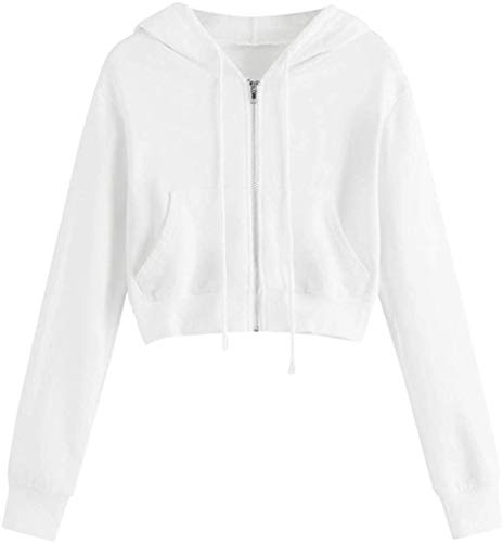 Angel ZYJ Damen Sweatjacke, Teenager Mädchen Bauchfrei Kapuzenpullover Langarm Kurz Hoodie Sweatshirt Crop Pullover Tops Kapuzenjacke mit Kordel und Zip Sweatjacke (weiß,M) von Angel ZYJ