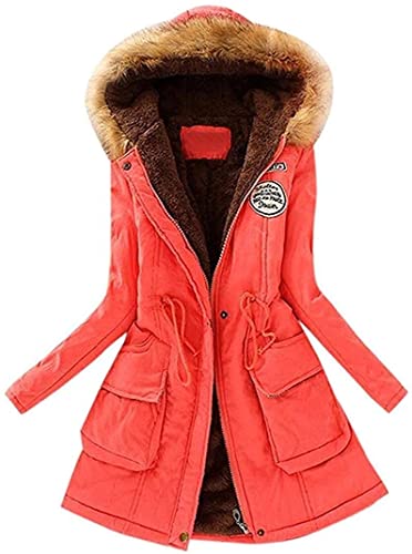 Damen Winter Jacke Parka Mantel Outdoor Reißverschluss Schlanke Outwear Steppjacke mit Kapuze und Tasche (Wassermelonenrot, L) von Angel ZYJ