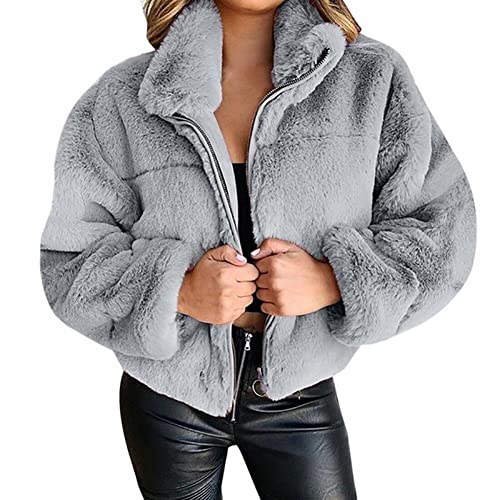 Angel ZYJ Fleecejacke Damen Fluffy Faux Plüschjacke Reißverschluss mit Taschen Kurze Jacke Frauen Mode Kurz Coat Winterjacke (as3, alpha, m, regular, regular, Grau, M) von Angel ZYJ