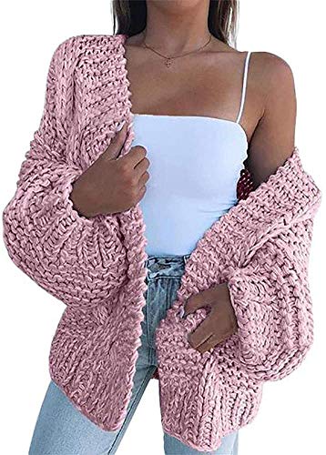 V-Ausschnitt Laternenärmel Oversize Lässige Grobe Cardigan Strickjacke Mantel Sweater Damen Mode (Rosa,M) von Angel ZYJ