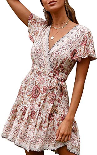 Damen Kleider Boho Vintage Sommerkleid V-Ausschnitt A-Linie Minikleid Swing Strandkleid mit Gürtel (Beige, s) von Angel ZYJ