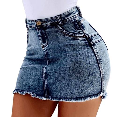 Damen Sommerrock Jeansrock Stretch Denim Mini Kurze Röcke mit Fransen (as3, Alpha, m, Regular, Regular, Dunkelblau) von Angel ZYJ