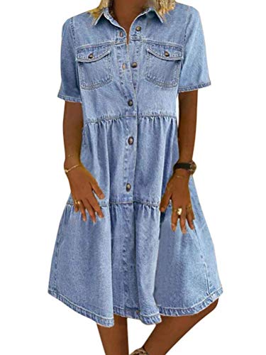 Jeanskleid Sommerkleid Damen Jeans Kleider V-Ausschnitt Kurzarm Strandkleider Einfarbig A-Linie Kleid Boho Knielang Kleid Denimkleid (Hellblau-1, S) von Angel ZYJ