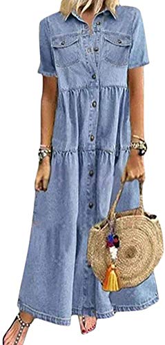 Jeanskleid Sommerkleid Damen Jeans Kleider V-Ausschnitt Kurzarm Strandkleider Einfarbig A-Linie Kleid Boho Knielang Kleid Denimkleid (Hellblau-2, 3XL) von Angel ZYJ