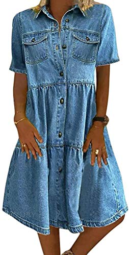 Jeanskleid Sommerkleid Damen Jeans Kleider V-Ausschnitt Kurzarm Strandkleider Einfarbig A-Linie Kleid Boho Knielang Kleid Denimkleid (Marine-1, M) von Angel ZYJ