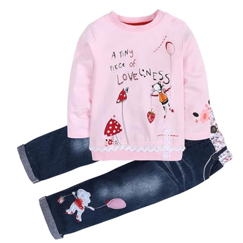 Mädchen Bekleidungsset langärmeliges Rundhals Sweatshirt mit Jeans Hose Set Herbst Winter Freizeit Kleidung Sets für Mädchen 1-5 Jahre (Rosa, 2-3 Jahre) von Angel ZYJ