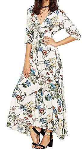 Sommerkleid Kleider Damen V-Ausschnitt Strandkleider Blumen Lang Ärmel/Kurzarm A-Linie Kleid Boho Maxikleid (Weiß-Ärmel, 2XL) von Angel ZYJ