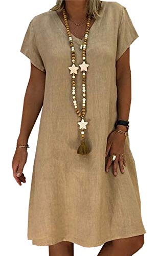 Sommerkleid Leinen Kleider Damen V-Ausschnitt Strandkleider Einfarbig A-Linie Kleid Boho Knielang Kleid Ohne Zubehör (Cachi, 2XL) von Angel ZYJ