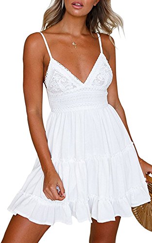 V Ausschnitt Kleid Damen Spitzenkleid Träger Rückenfreies Kleider Sommerkleider Strandkleider Weiß (A, L) von Angel ZYJ