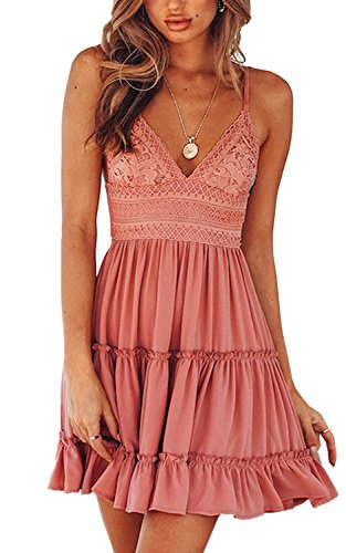 V Ausschnitt Kleid Damen Spitzenkleid Träger Rückenfreies Kleider Sommerkleider Strandkleider Weiß (B, S) von Angel ZYJ