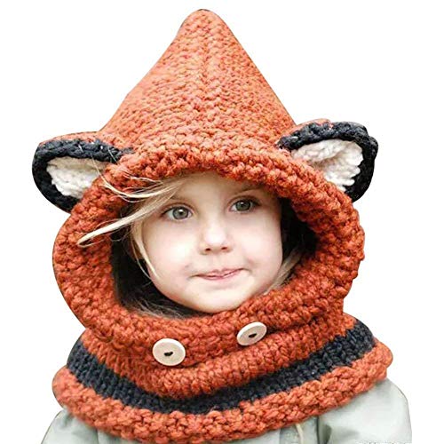 Winter Wolle Gestrickte Hüte Schals Kapuze Mönchskutte Beanie Mützen für Kinder Junge Baby Mädchen Schalmütze Mütze Wolleschal warme Earflap Fox Cap (Orange) von Angel ZYJ