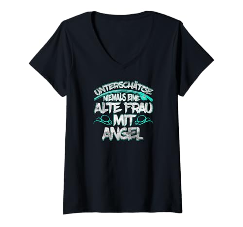 Damen Alte Frau Angel Anglerin T-Shirt mit V-Ausschnitt von Angel Zubehör für Anglerin