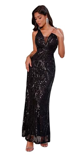 Angel Fashions Damen Pailletten V-Ausschnitt Pailletten Baum Ast Tüll Rückenfrei Schnürung Meerjungfrau Abendkleid, new black, 34 von Angel-fashions