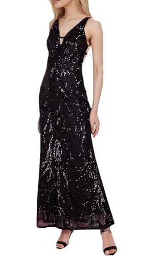 Angel Fashions Damen Pailletten V-Ausschnitt Pailletten Baum Ast Tüll Rückenfrei Schnürung Meerjungfrau Abendkleid, Schwarz, 34 von Angel-fashions