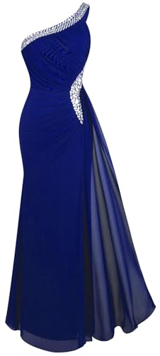 Angel-fashions Damen Abendkleid einschultrig Rüschen Perlenband weich Königsblau 42 von Angel-fashions