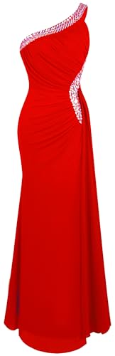 Angel-fashions Damen Abendkleid einschultrig Rüschen Perlenband weich Rot 42 von Angel-fashions