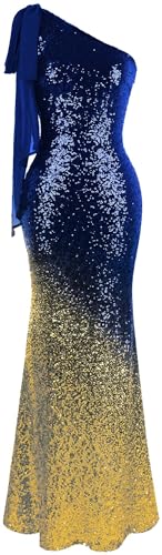 Angel-fashions Damen Asymmetrisches Band Gradient Pailletten Meerjungfrau Langes Ballkleid Königsblau Gold 42 von Angel-fashions