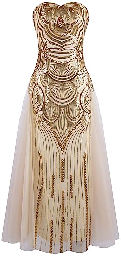 Angel-fashions Damen Bankettkleid mit Pailletten trägerlos Herzausschnitt Netzstoff Schnürung Bankettkleid champagnerfarben goldfarben 36 von Angel-fashions