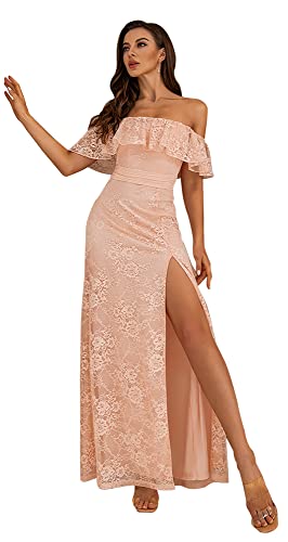Angel-fashions Damen Blumen Spitze Hochzeit Gäste Kleid Schulterfrei Rüschen Schlitz Langes Abendkleid, rose, 34 von Angel-fashions
